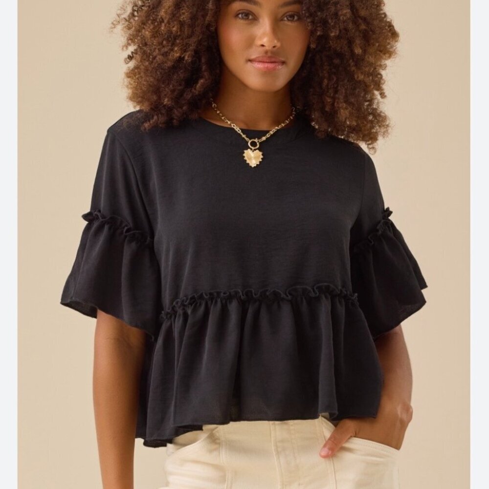 Altar'd State Crop Ruffle Sleeve & Hem Waffle Knit‎ Top S Black #268N